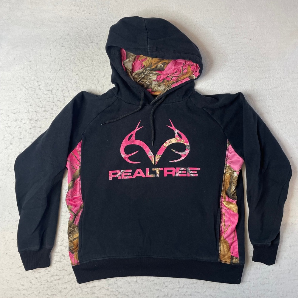 Realtree Hoodie Women Small Black Pink Camo Logo Pullover